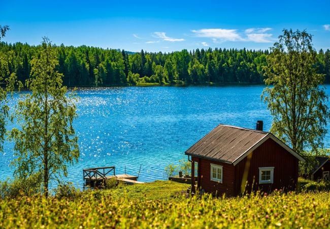 Stuga i Gällö - Underbart fritidshus precis vid sjön med bastu, WiFi och vildmarkspool (kan hyras)