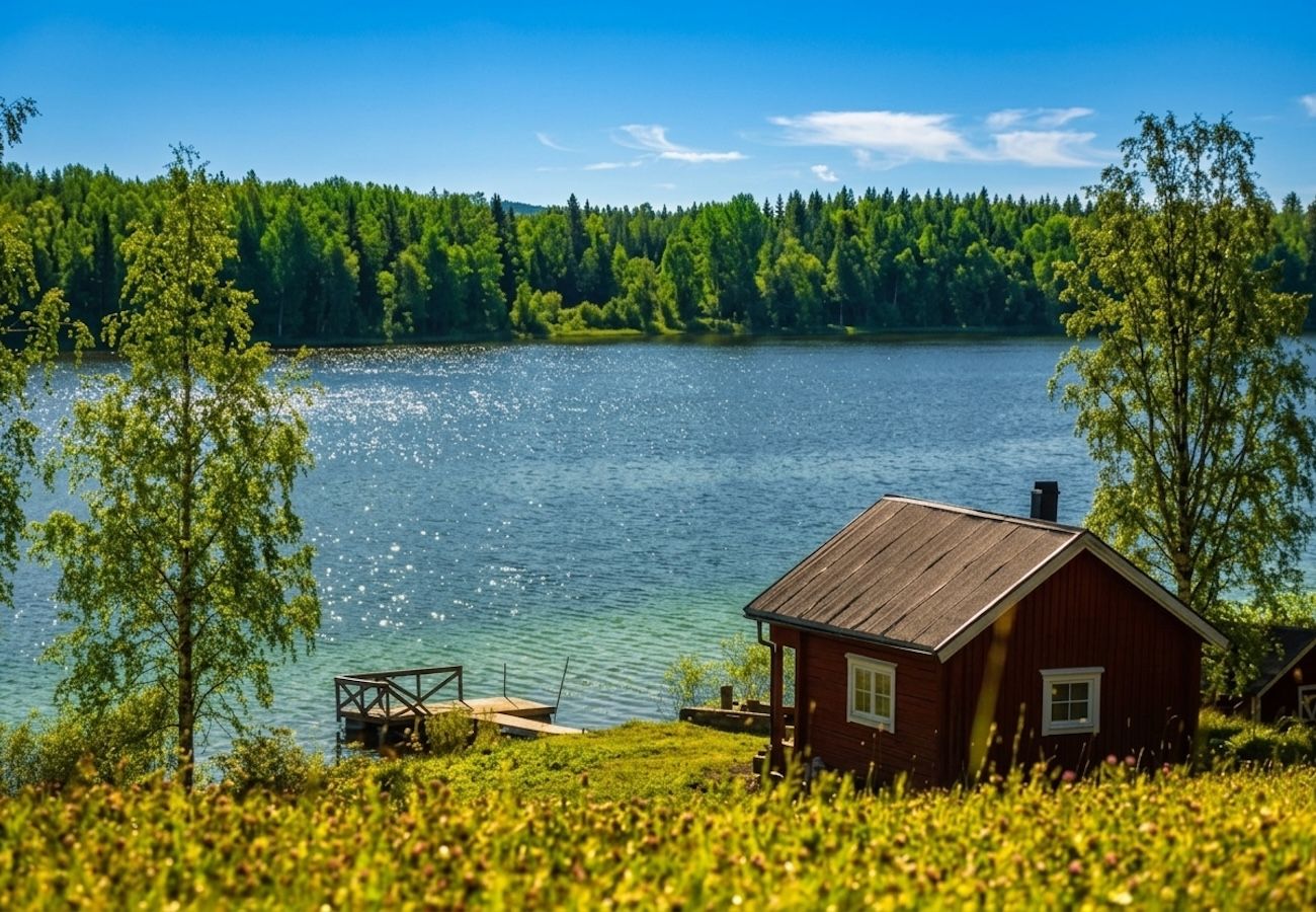 Stuga i Gällö - Underbart fritidshus precis vid sjön med bastu, WiFi och vildmarkspool (kan hyras)